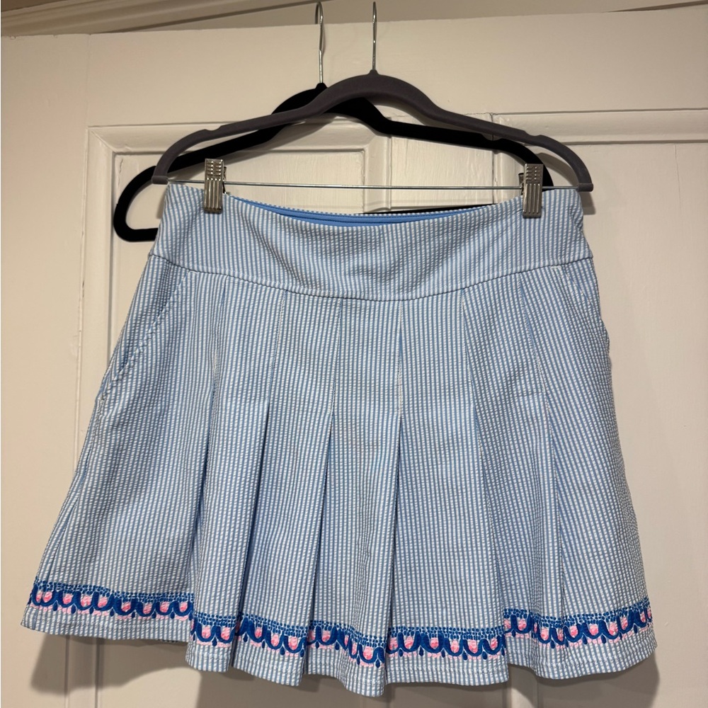 Lilly Pulitzer Light Blue Striped Pleated Skirt with Pink & Navy Trim